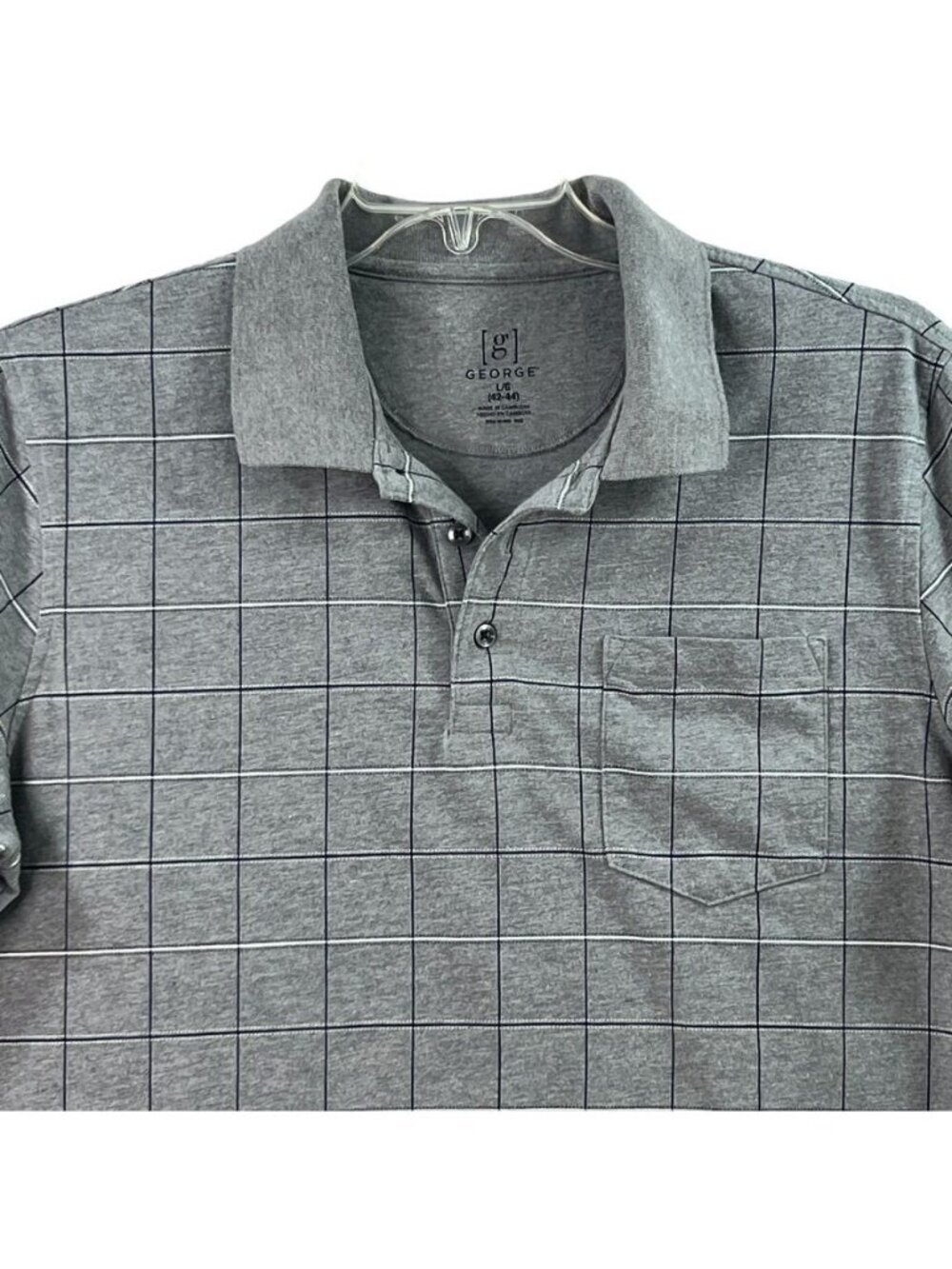 George Polo Shirt Mens L/G Gray Navy Stripes Checked Short Sleeve Pocket Collar